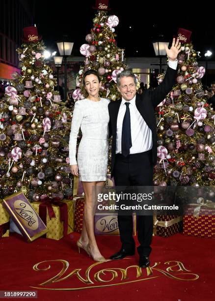 Anna Elisabet Eberstein and Hugh Grant attend the Warner Bros. Pictures world premiere of "Wonka" at The Royal Festival Hall on November 28, 2023 in...