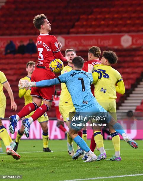 Middlesbrough player Rav van den Berg diverts the ball to score the second goal past Preston goalkeeper Freddie Woodman during the Sky Bet...