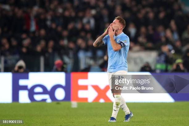 Ciro Immobile of SS Lazio celebrates after scoring the team's second goal during the UEFA Champions League match between SS Lazio and Celtic FC at...