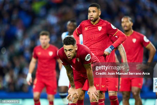 Lucas Ocampos of Sevilla FC reacts during the LaLiga EA Sports match between Real Sociedad and Sevilla FC at Reale Arena on November 26, 2023 in San...