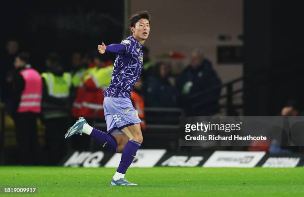 Ui Jo Hwang of Norwich City celebrates after scoring the team's second goal during the Sky Bet Championship match between Watford and Norwich City at...