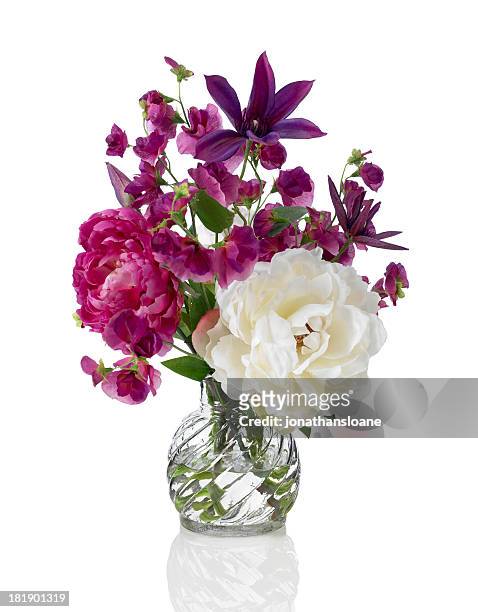 sweet pea, peony and clematis bouquet on white background - flower arrangement stock pictures, royalty-free photos & images