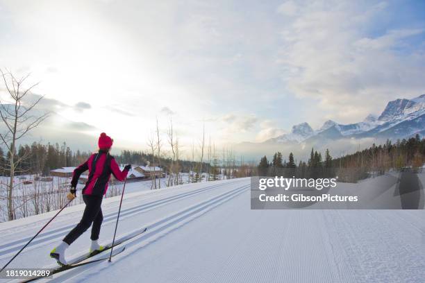 cross-country skiing at the canmore nordic centre - dar passos largos imagens e fotografias de stock