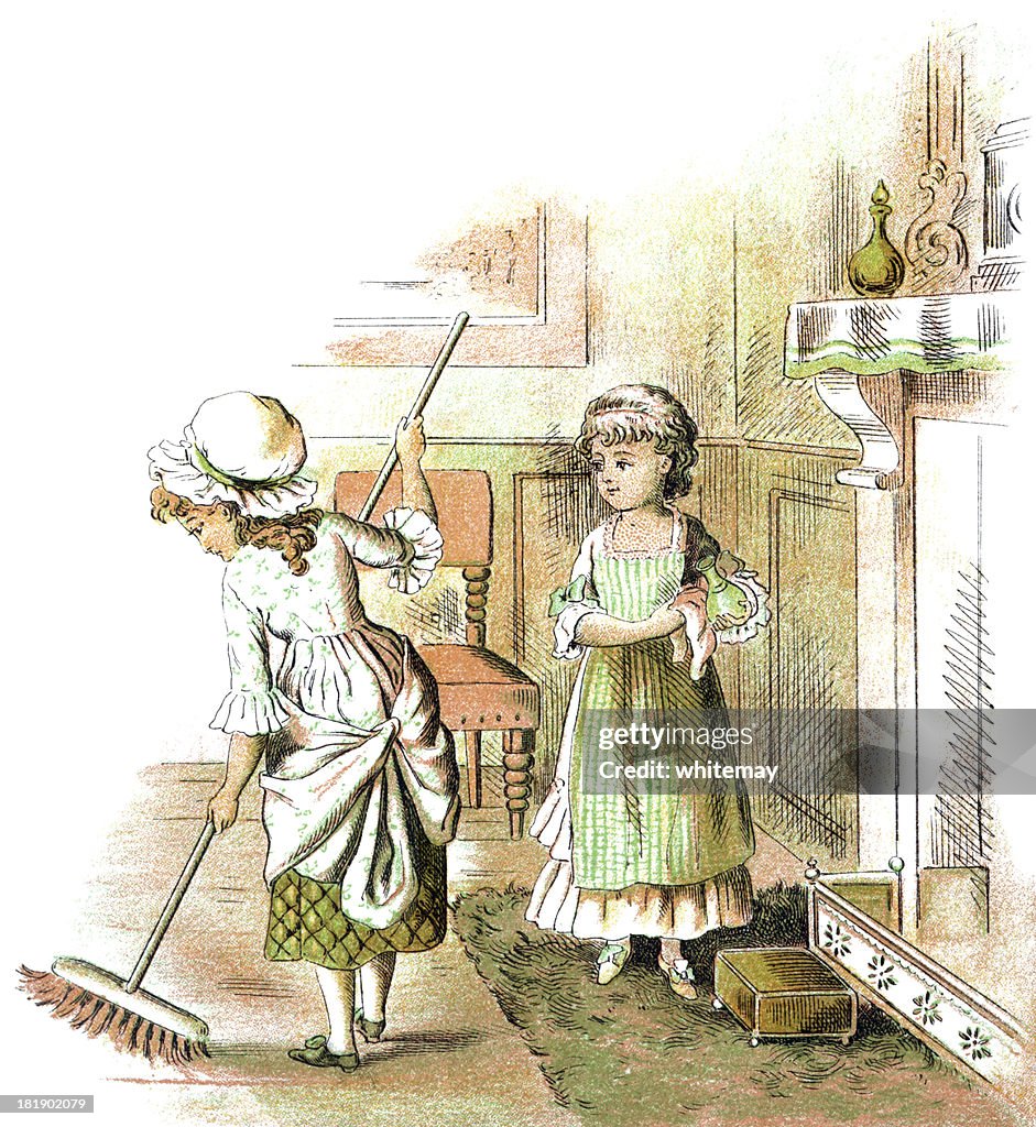 Two Victorian girls doing housework