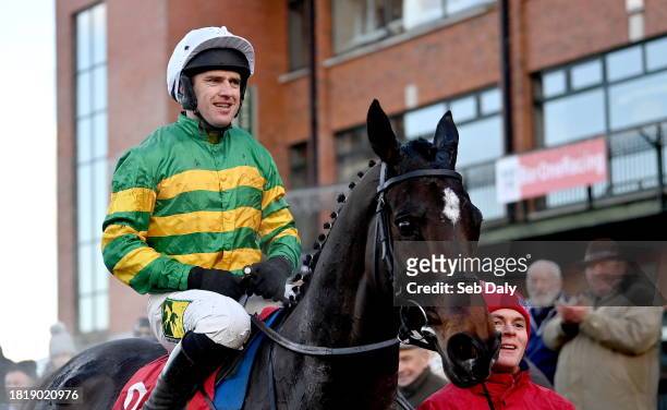 Meath , Ireland - 3 December 2023; Jockey Jody McGarvey and I Am Maximus after winning the Bar One Racing Drinmore Novice Steeplechase during day two...
