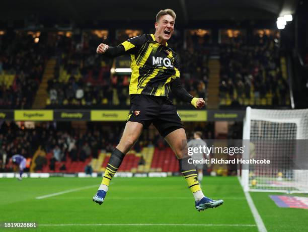 Mileta Rajovic of Watford celebrates after scoring the team's second goal during the Sky Bet Championship match between Watford and Norwich City at...