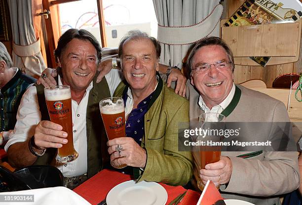 Georg Dingler, Wolfgang Fierek and Elmar Wepper attend the 'Radio Gong Wiesn' as part of the Oktoberfest beer festival at Weinzelt at Theresienwiese...