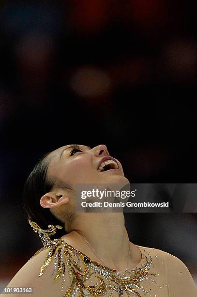 Miki Ando of Japan reacts after competing in the Ladies Short Program during day one of the ISU Nebelhorn Trophy at Eissportzentrum Oberstdorf on...