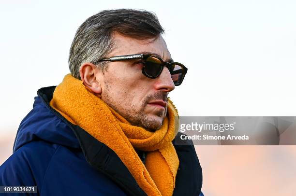 Matteo Manfredi, co-owner of Sampdoria, looks on prior to kick-off in the Serie B match between Brescia and UC Sampdoria at Stadio Mario Rigamonti on...