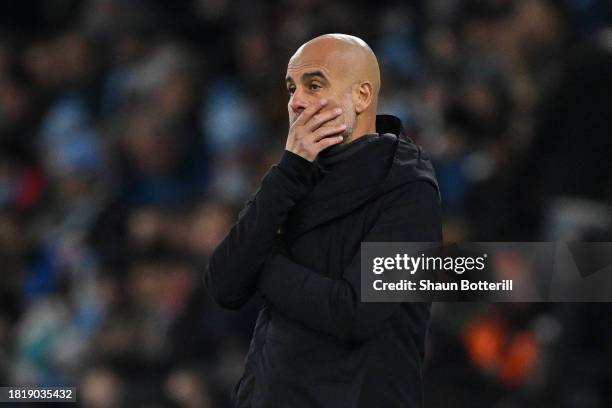 Pep Guardiola, Manager of Manchester City, reacts during the UEFA Champions League match between Manchester City and Rb Leipzig at Etihad Stadium on...