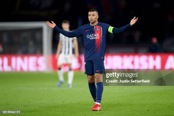 Kylian Mbappe of Paris Saint-Germain reacts during the UEFA Champions League match between Paris Saint-Germain and Newcastle United FC at Parc des...