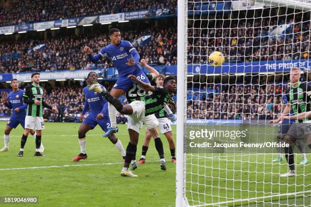 Levi Colwill of Chelsea scores the second goal for his team during the Premier League match between Chelsea FC and Brighton & Hove Albion at Stamford...