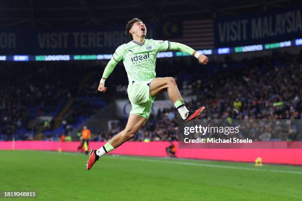 Jeremy Sarmiento of West Bromwich Albion celebrates after scoring the team's first goal during the Sky Bet Championship match between Cardiff City...