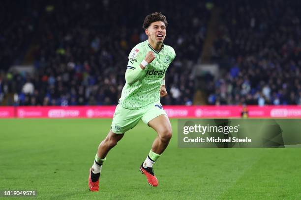 Jeremy Sarmiento of West Bromwich Albion celebrates after scoring the team's first goal during the Sky Bet Championship match between Cardiff City...
