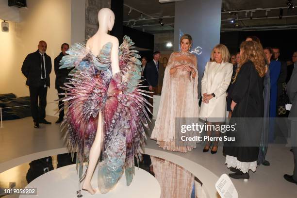 Queen Maxima of the Netherlands and Brigitte Macro attend the "Iris van Herpen: Sculpting the Senses" Exhibition at Musee Des Arts Decoratifs on...