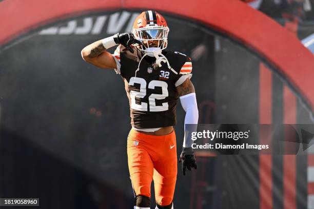 Grant Delpit of the Cleveland Browns is introduced prior to a game against the Pittsburgh Steelers at Cleveland Browns Stadium on November 19, 2023...