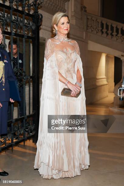 Queen Maxima of the Netherlands attends the "Iris van Herpen: Sculpting the Senses" Exhibition at Musee Des Arts Decoratifs on November 28, 2023 in...
