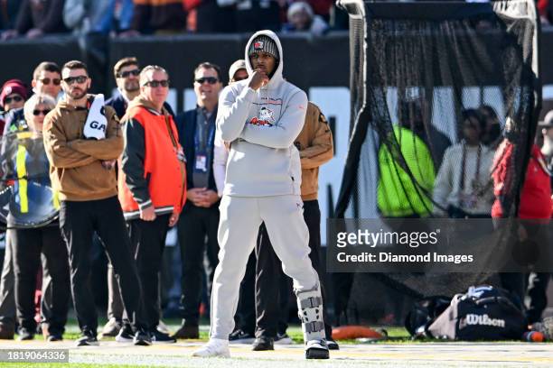 Deshaun Watson of the Cleveland Browns looks on during the first half against the Pittsburgh Steelers at Cleveland Browns Stadium on November 19,...