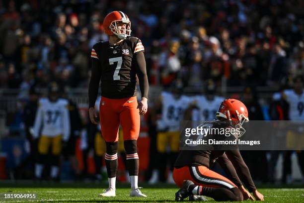 Dustin Hopkins of the Cleveland Browns prepares to kick an extra point during the first half against the Pittsburgh Steelers at Cleveland Browns...