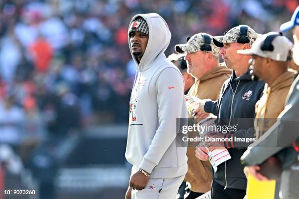 Deshaun Watson of the Cleveland Browns looks on during the first half against the Pittsburgh Steelers at Cleveland Browns Stadium on November 19,...