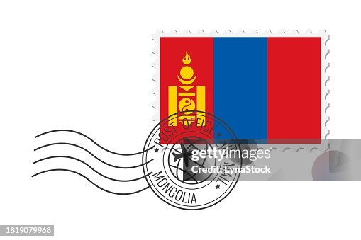 Mongolia postage stamp. Postcard vector illustration with Mongolian national flag isolated on white background. Mongolia postage stamp. Postcard vector illustration with Mongolian national flag isolated on white background.