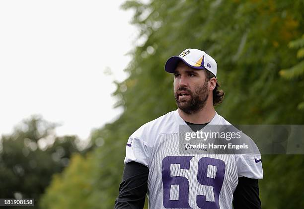 Defensive End Jared Allen looks on prior to a Minnesota Vikings press conference at the Grove Hotel on September 26, 2013 in London, England.