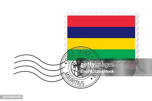 Mauritius postage stamp. Postcard vector illustration with Mauritius national flag isolated on white background. Mauritius postage stamp. Postcard vector illustration with Mauritius national flag isolated on white background.