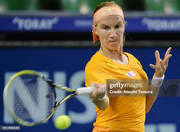 Svetlana Kuznetsova of Russia in action during her women's singles quarter final match against Petra Kvitova of Czech Republic during day five of the...