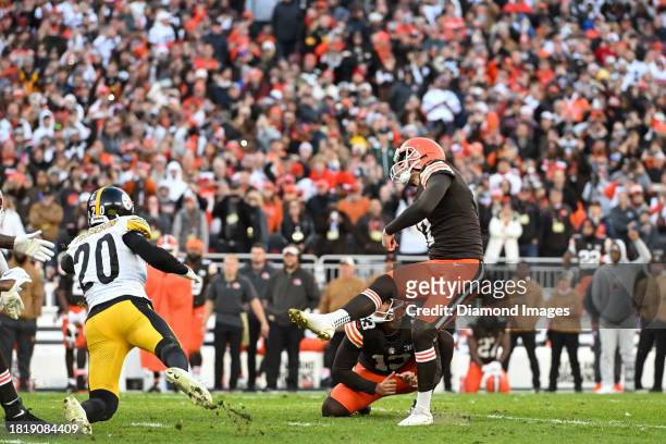Dustin Hopkins of the Cleveland Browns kicks a 34-yard field goal during the second half against the Pittsburgh Steelers at Cleveland Browns Stadium...