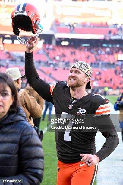 Dustin Hopkins of the Cleveland Browns celebrates the team's 13-10 win over the Pittsburgh Steelers at Cleveland Browns Stadium on November 19, 2023...