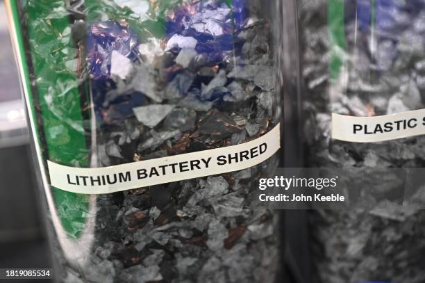 Lithium Battery Recycling Solutions and Aktrion Group display reclaimed materials/elements including Lithium battery shred from recycled EV Lithium...