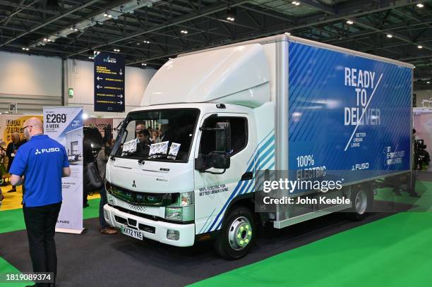 Mitsubishi FUSO eCanter, Fully Electric 7.5T Truck is displayed during the London EV SHow at ExCel on November 28, 2023 in London, England. The Show...