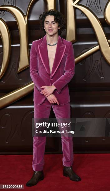 Timothée Chalamet arrives at the "Wonka" World Premiere at The Royal Festival Hall on November 28, 2023 in London, England.