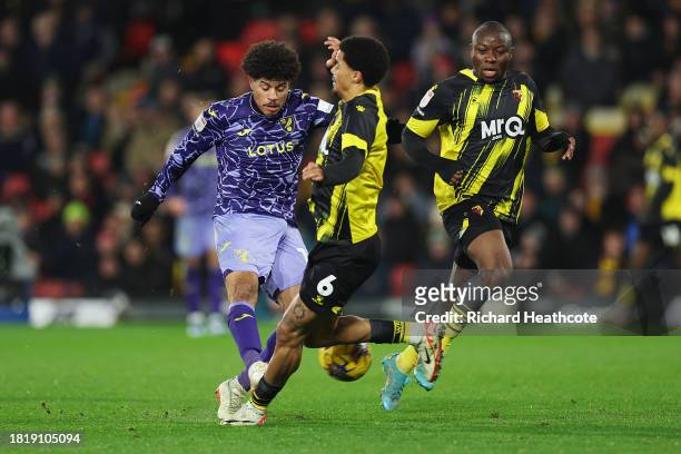 Gabriel Sara of Norwich City has a shot blocked by Jamal Lewis of Watford during the Sky Bet Championship match between Watford and Norwich City at...