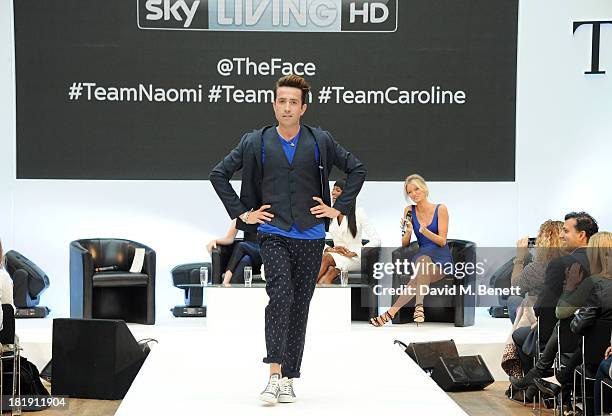 Nick Grimshaw walks the runway as Erin O'Connor, Naomi Campbell and Caroline Winberg look on at the launch of their new Sky Living TV series "The...