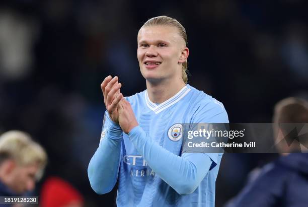 Erling Haaland of Manchester City applauds the fans after the UEFA Champions League match between Manchester City and Rb Leipzig at Etihad Stadium on...