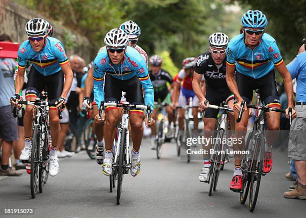 Iljo Keisse Philippe Gilbert and Johan Van Summeren of Belgium in action during training on day five of the UCI Road World Championships on September...