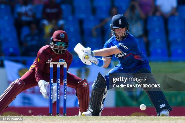 Shai Hope , of West Indies, looks on as Ben Duckett , of England, hits 4 during the first one day international cricket match between England and...