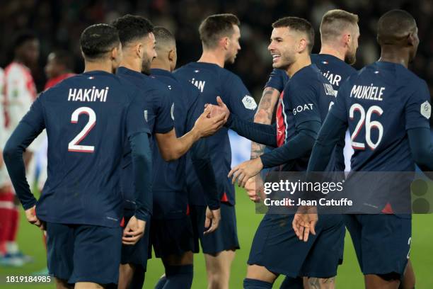 Goncalo Ramos, Lucas Hernandez of PSG and teammates celebrates the goal of Kylian Mbappe during the Ligue 1 Uber Eats match between Paris...