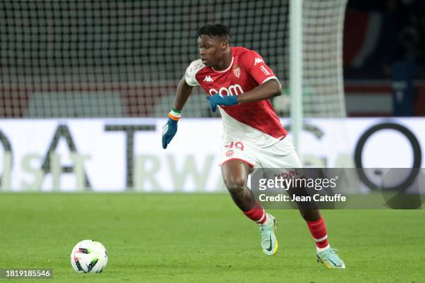 Wilfried Singo of Monaco in action during the Ligue 1 Uber Eats match between Paris Saint-Germain and AS Monaco at Parc des Princes stadium on...