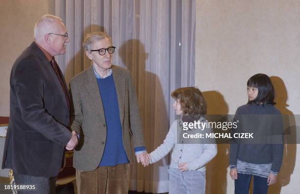 Second President of the Czech Republic Vaclav Klaus welcomes the US Movie director and actor Woody Allen and his daughters Manzie and Bechet Allen on...