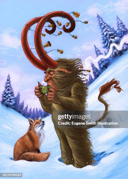 mr. krampus and fox - krampus stock pictures, royalty-free photos & images