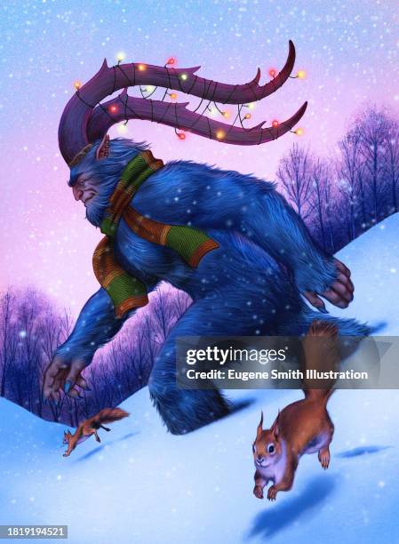 mr. krampus takes a walk with squirrels - krampus stock pictures, royalty-free photos & images