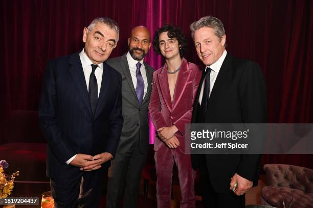 Rowan Atkinson, Keegan-Michael Key, Timothée Chalamet and Hugh Grant attend the afterparty of Warner Bros. Pictures world premiere of "Wonka" at The...