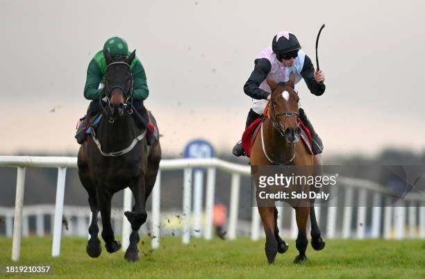 Meath , Ireland - 3 December 2023; Jockey Jack Kennedy, right, celebrates on Teahupoo as they cross the line to win the Bar One Racing Hatton's Grace...