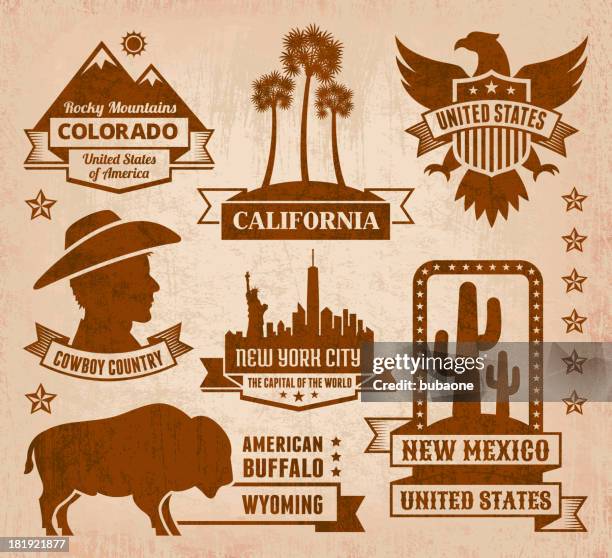 ilustraciones, imágenes clip art, dibujos animados e iconos de stock de hecho en los estados unidos sin royalties de iconos de vector grunge de estado - wyoming