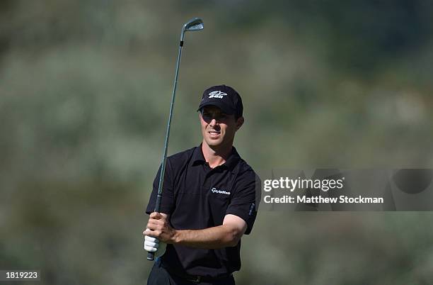 Mike Weir of Canada hits off the fifth tee during the final round of the AT&T Pebble Beach National Pro-Am on February 9, 2003 at Pebble Beach Golf...
