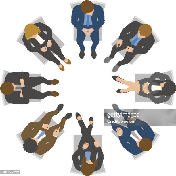 overhead view of business team meeting - businessman high angle stock illustrations