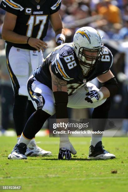 Jeromey Clary of the San Diego Chargers plays against the Tennessee Titans at LP Field on September 22, 2013 in Nashville, Tennessee.