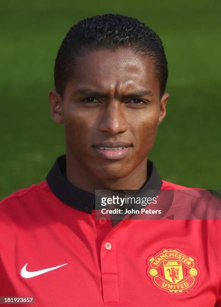 Antonio Valencia of Manchester United poses at the annual club photocall at Old Trafford on September 26, 2013 in Manchester, England.